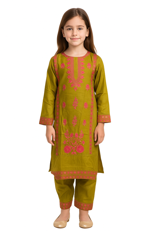 Cotton Embroidery Kurti Set 1040 Mustard