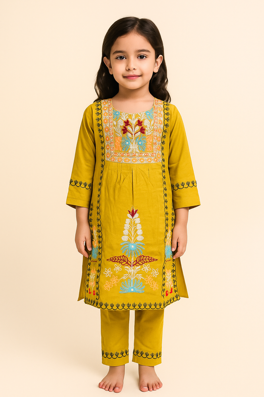 Cotton Embroidery Kurti set 1048 Mustard Yellow