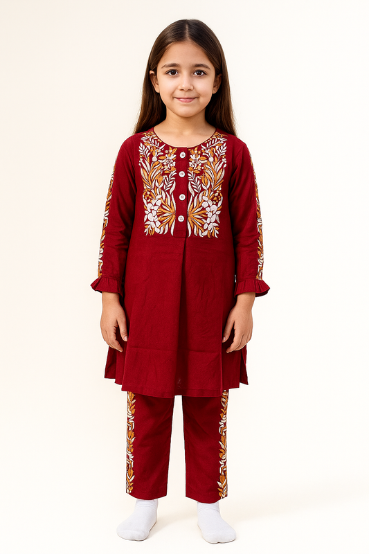 Cotton Embroidery Kurti set 1049 Maroon