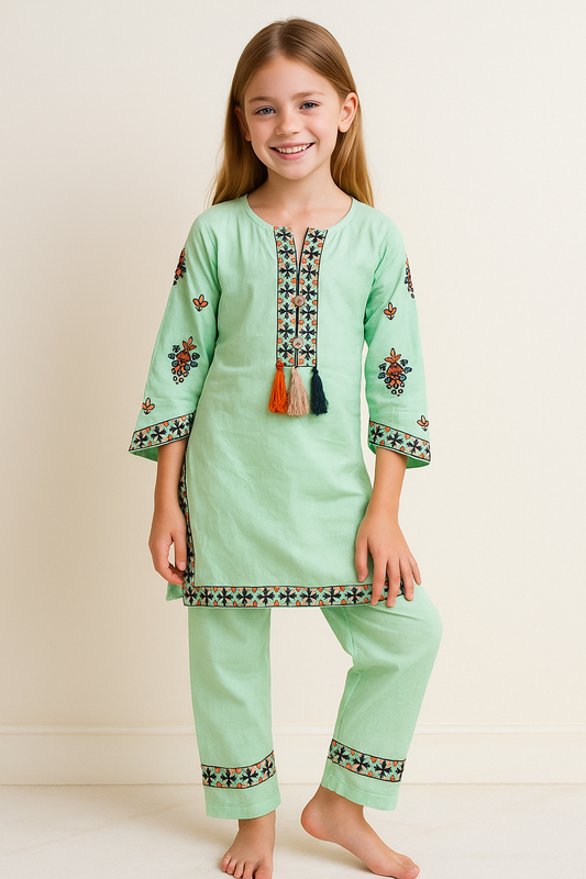 Cotton Embroidery Kurti set 1054 Green