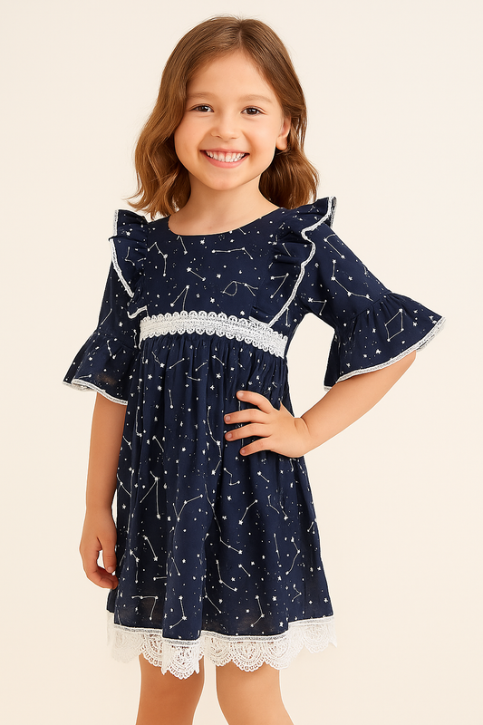 Cotton Printed Frock 1026 Navy Blue