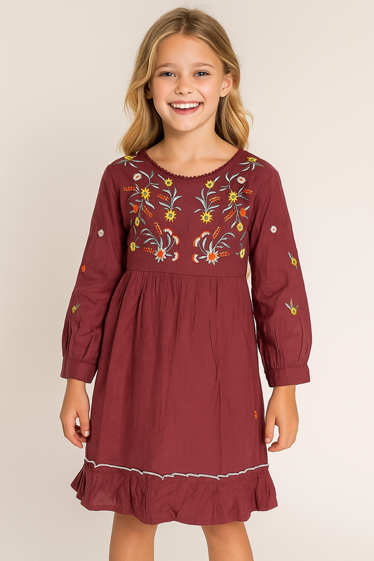 Cotton Embroidery Frock 1032 Maroon