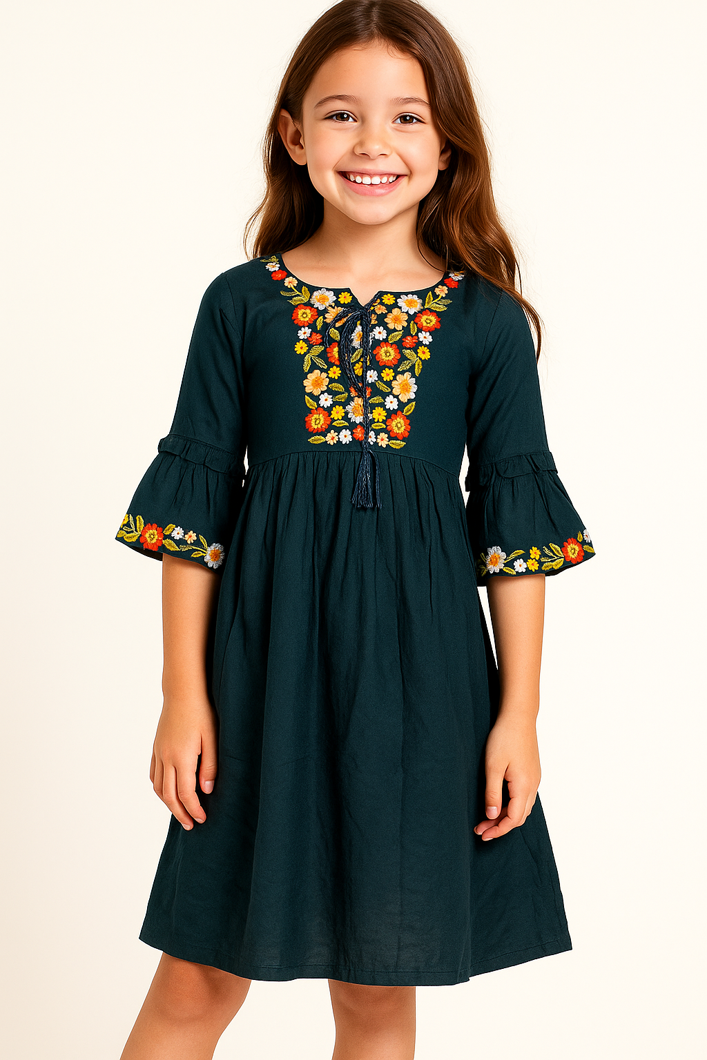 Cotton Embroidery Frock 1035 Bottle Green