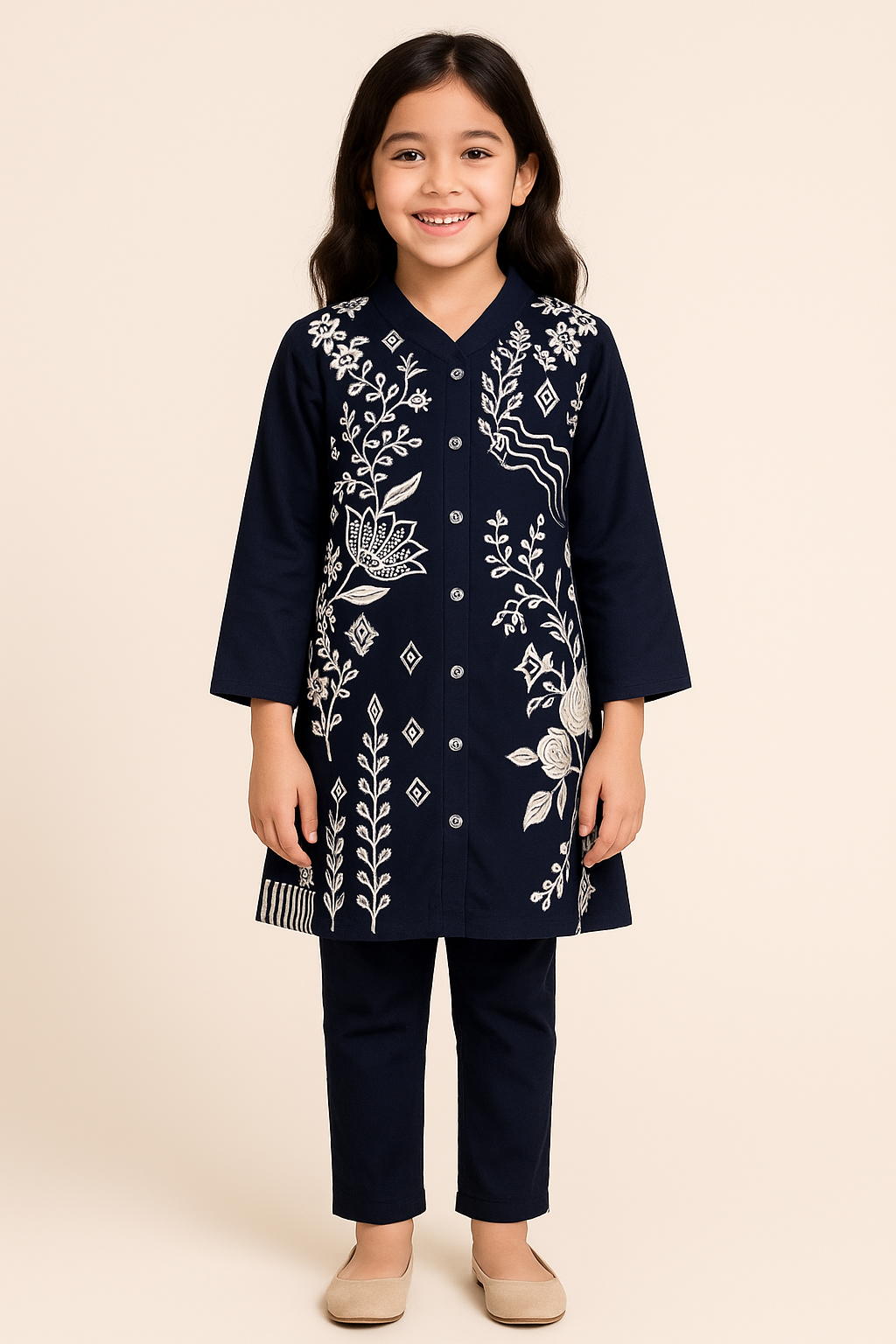 Embroidery Cotton Kurti Set 1022 Navy Blue