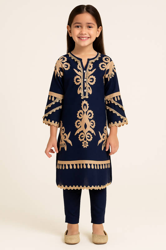 Printed Cotton Kurti Set 1019 Navy Blue