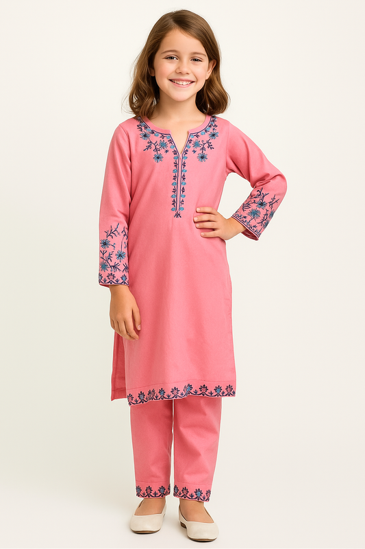 Cotton Embroidery Kurti Set 1039 Pink