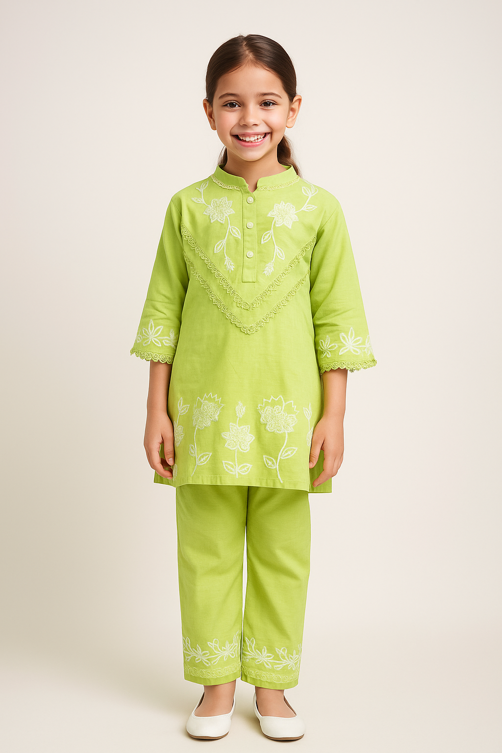 Cotton Embroidery Kurti Set 1067 Green
