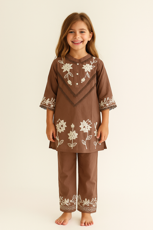 Cotton Embroidery Kurti Set 1068 Brown
