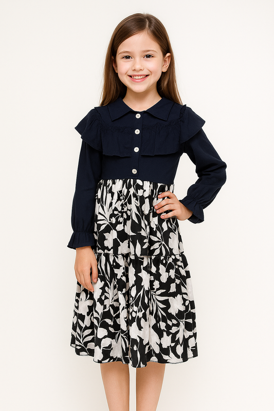 Cotton Printed Frock 1042 Navy Blue