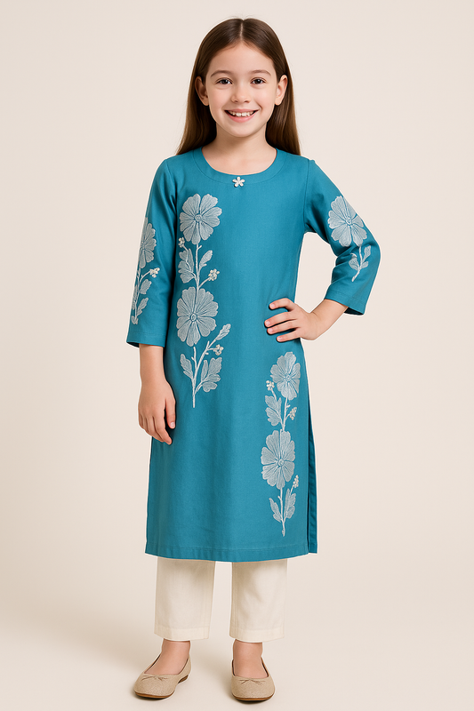 Cotton Embroidery Kurti Set 1070 Blue