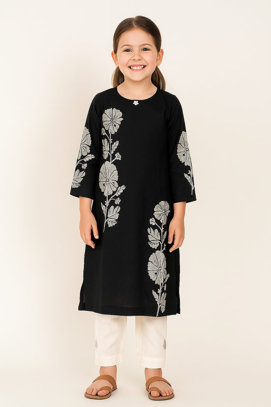 Cotton Embroidery Kurti Set 1071 Black