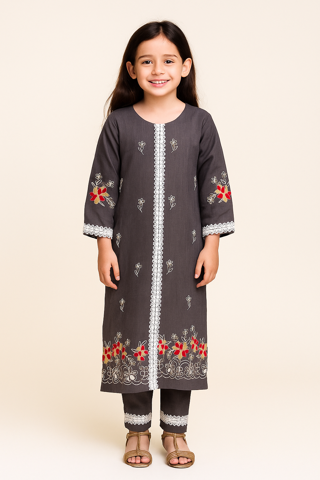 Cotton Embroidery Kurti Set 1073 Grey