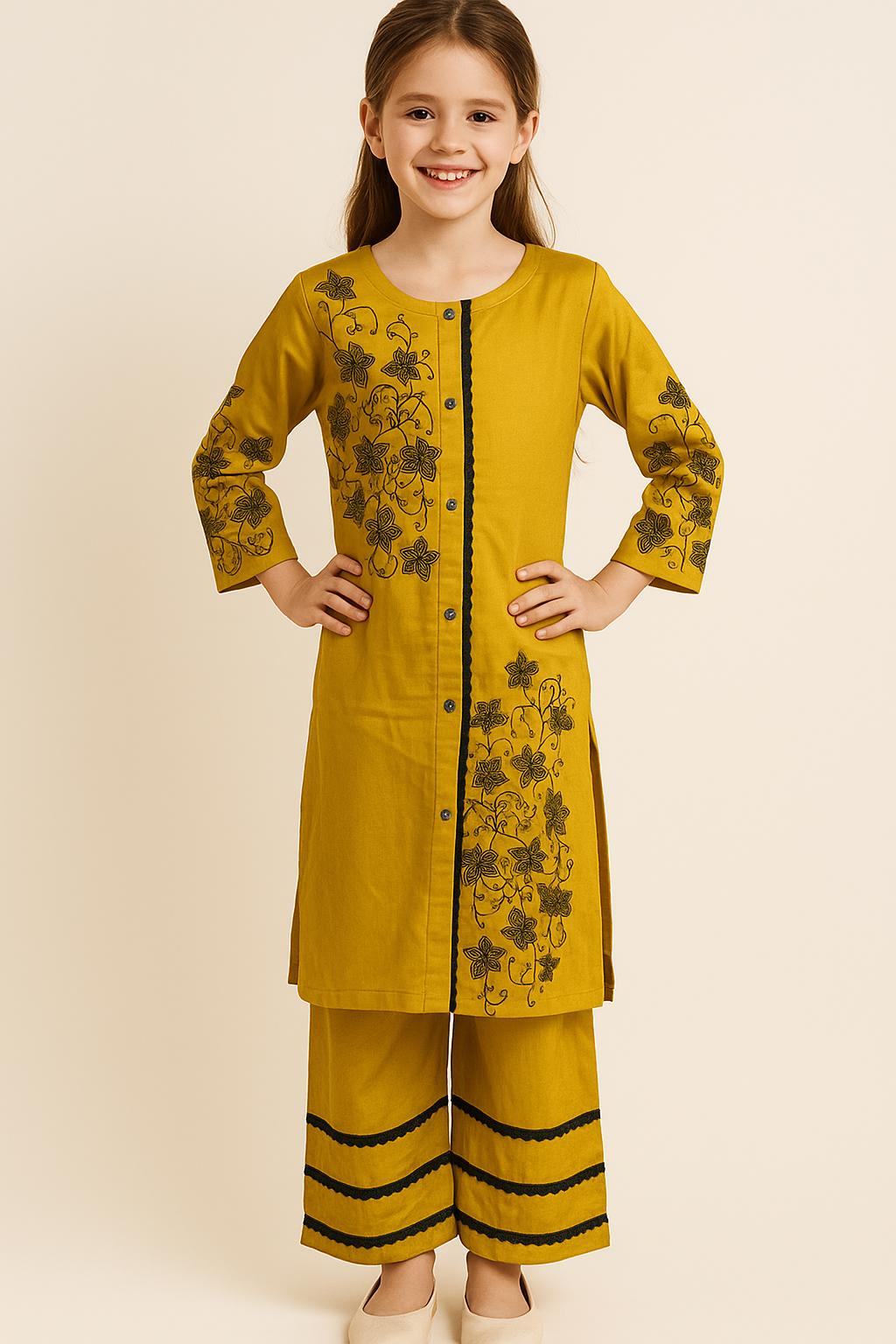 Cotton Embroidery Kurti Set 1074 Mustard Yellow