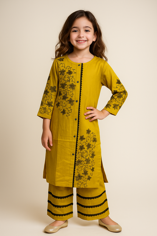 Cotton Embroidery Kurti Set 1074 Mustard Yellow