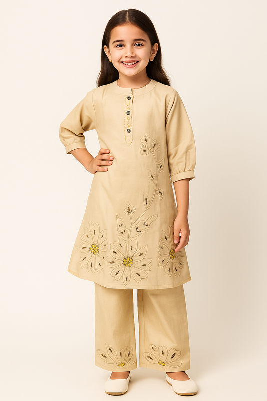 Cotton Embroidery Kurti Set 1075 Beige
