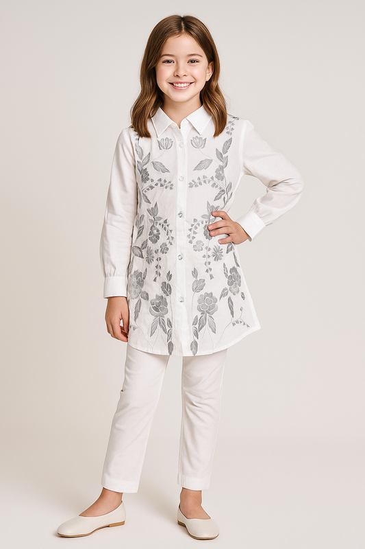 Cotton Embroidery Kurti Set 1081 White