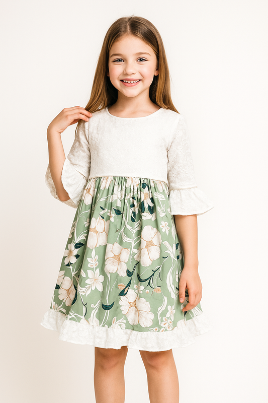 Cotton Embroidery Frock 1051 White And Green