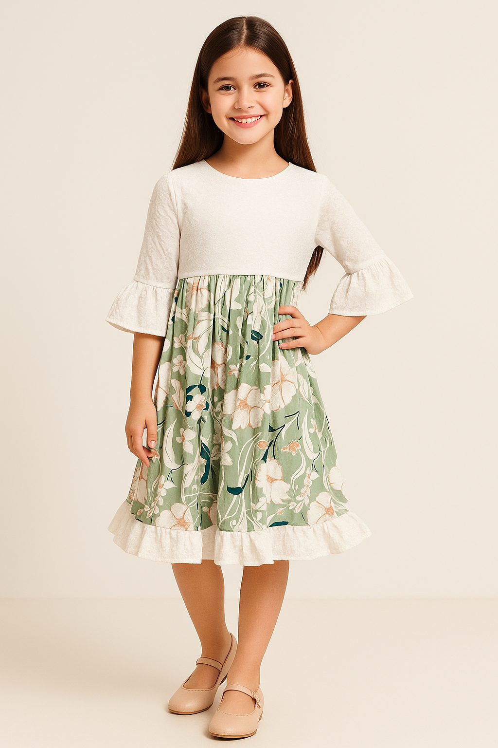 Cotton Embroidery Frock 1051 White And Green