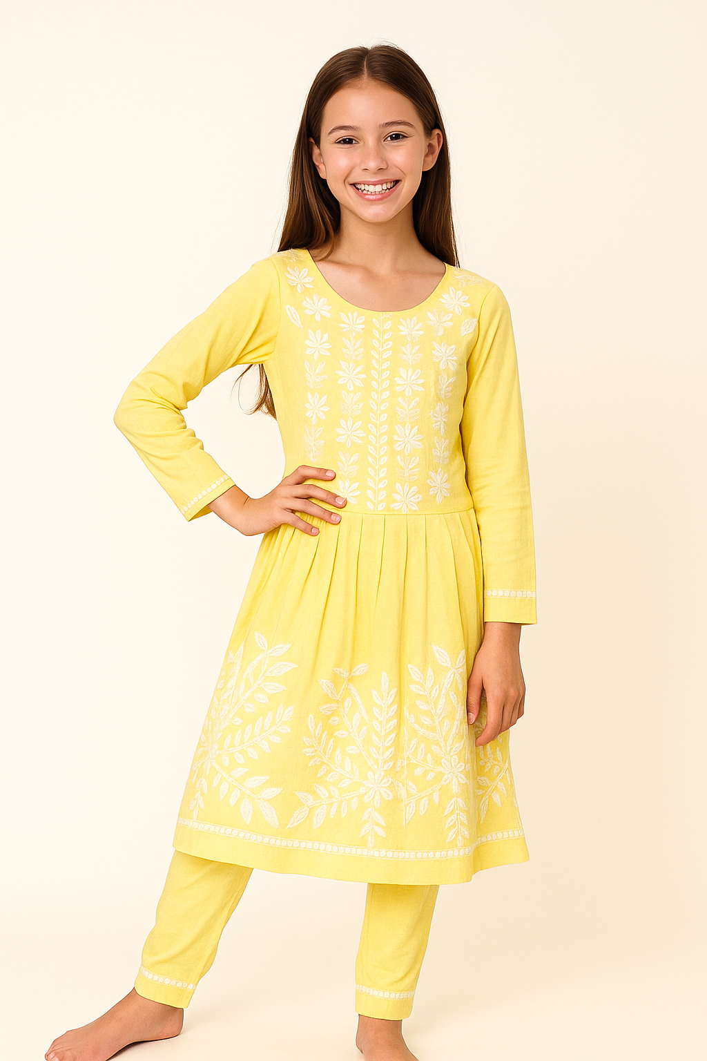 Cotton Embroidery Frock Pant Set 1027 Yellow