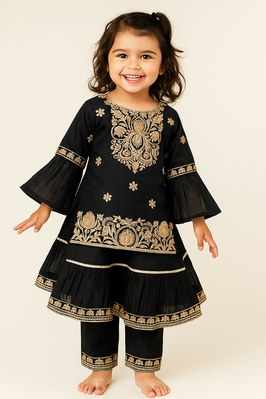Cotton Embroidery Frock Set 3314 Black