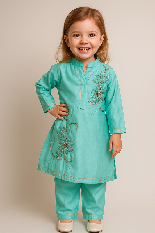 Cotton Hand Work Frock Set 2829 Mint Green