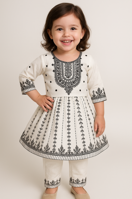 Cotton Embroidery Frock Pant set 2911 White