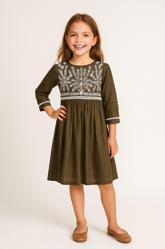 cotton embroidery Frock 1052 Bottle Green