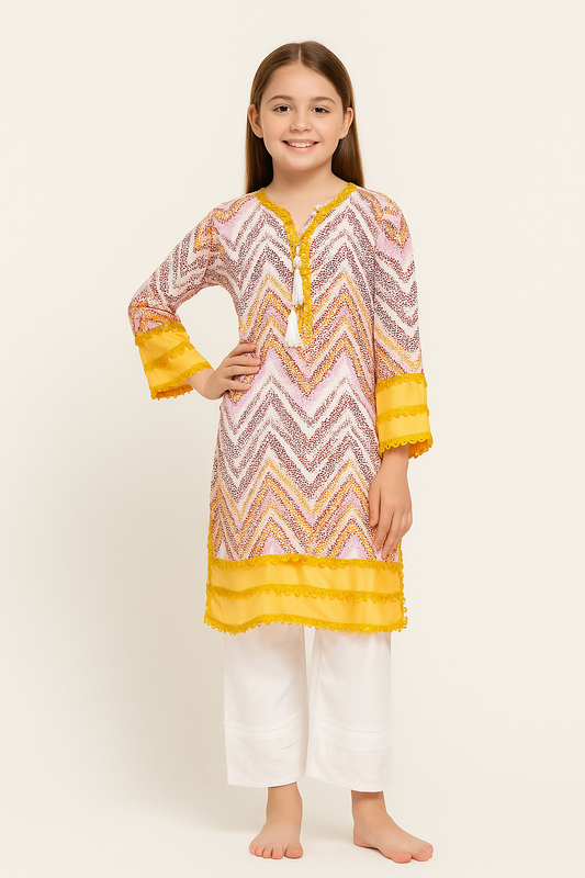 Cotton Printed lace Work Kurti Set 1097 Yellow