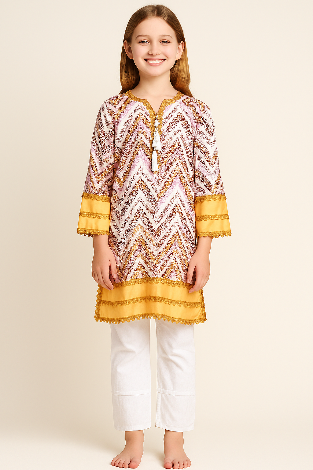 Cotton Printed lace Work Kurti Set 1097 Yellow