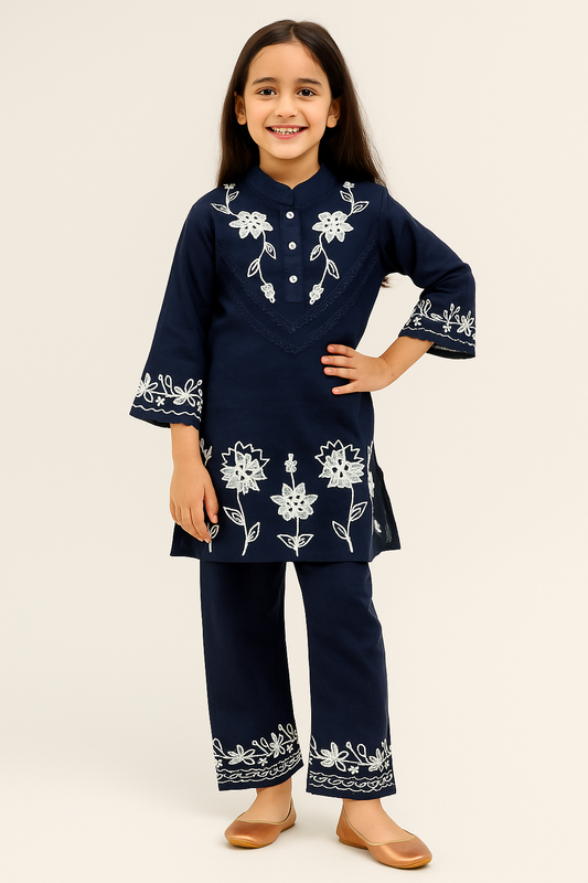 Cotton Embroidery Kurti Set 1094 Navy Blue