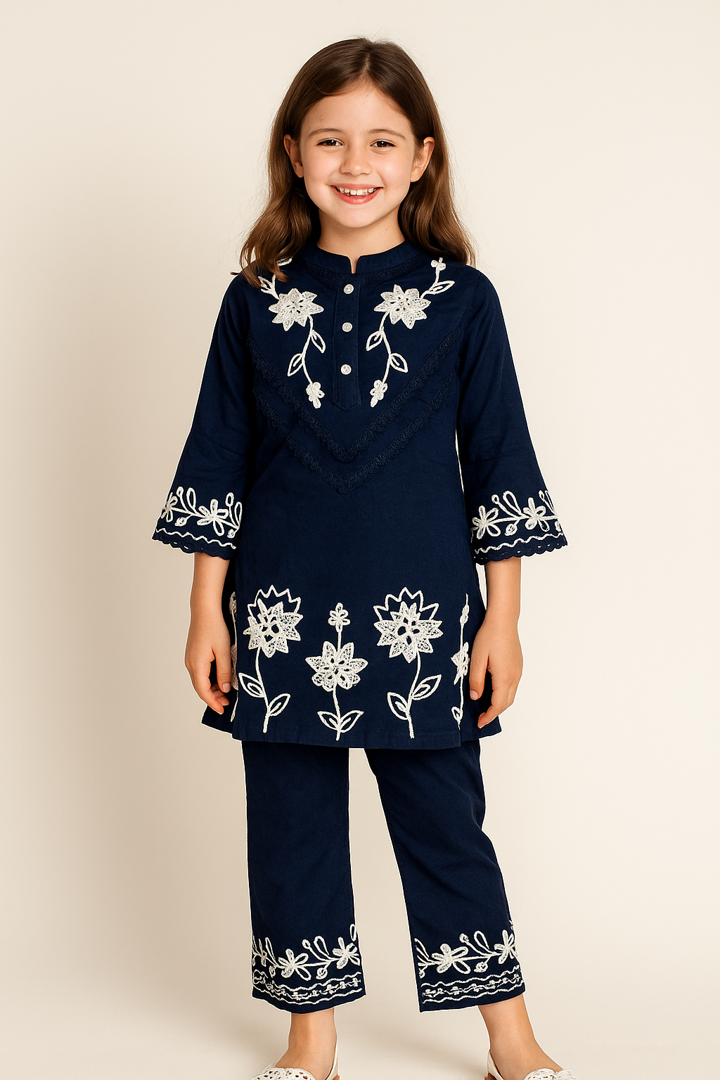 Cotton Embroidery Kurti Set 1094 Navy Blue
