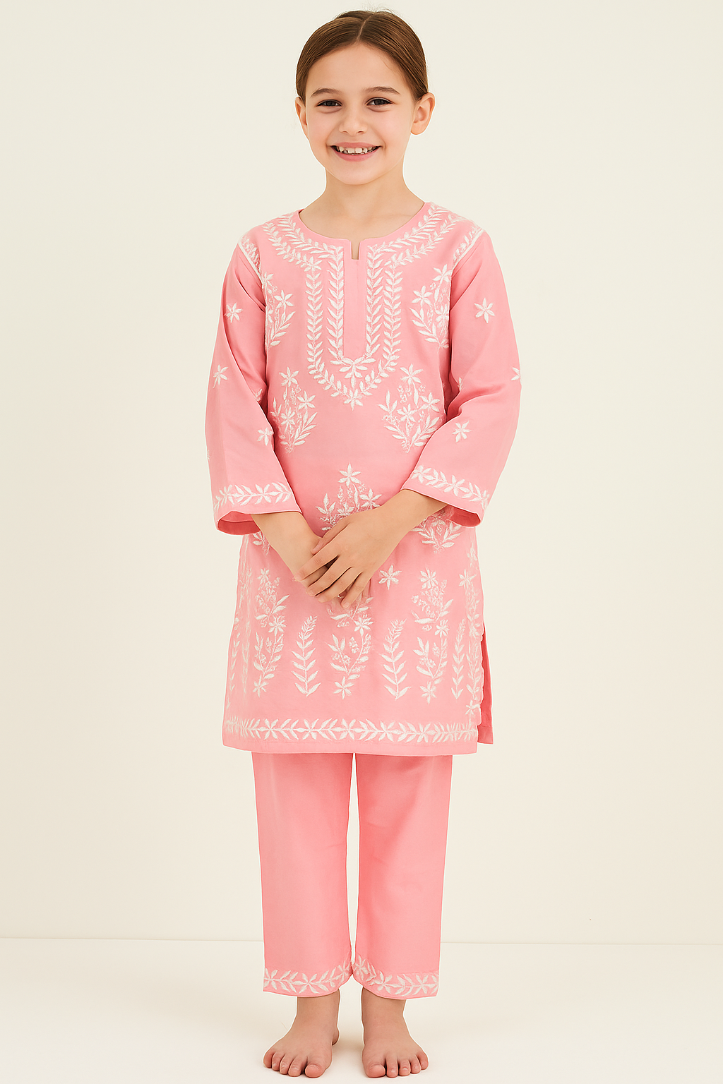 Cotton Lucknowi Kurti set 1092 Pink