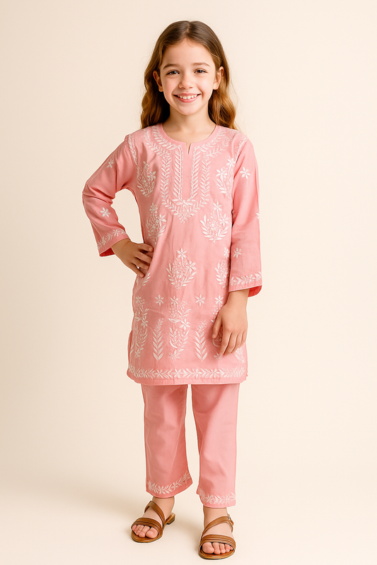 Cotton Lucknowi Kurti set 1092 Pink