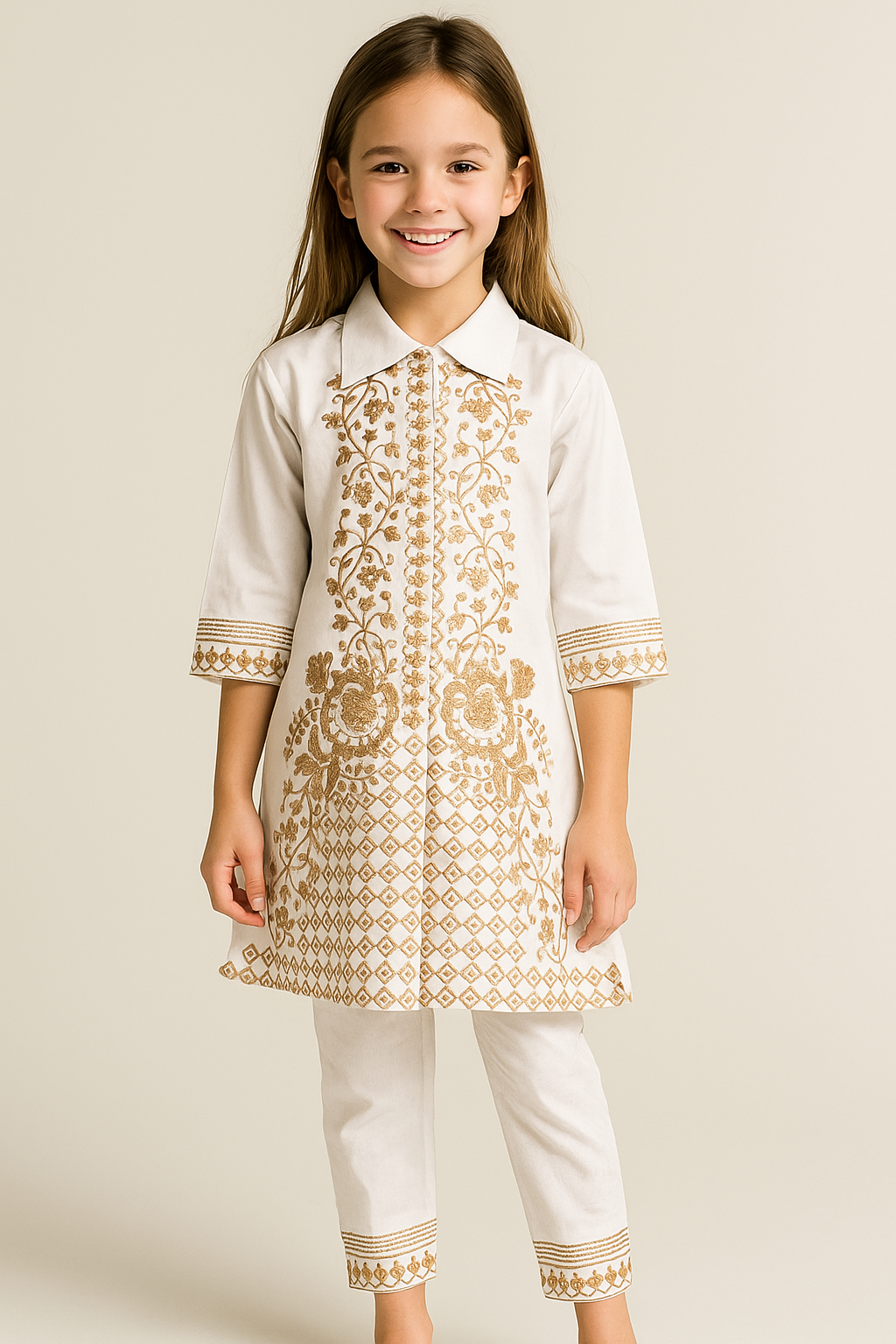 Cotton Embroidery Kurti Set 1098 White