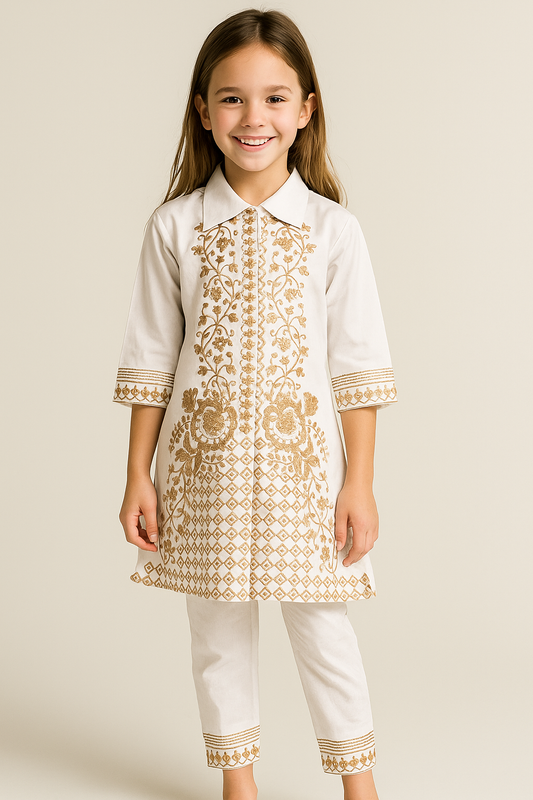 Cotton Embroidery Kurti Set 1098 White