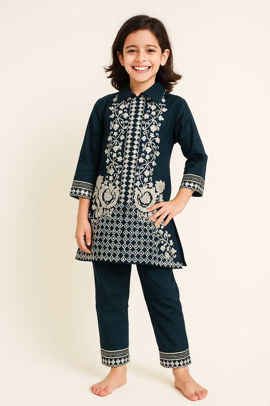 Cotton Embroidery Kurti Set 1099 Rama
