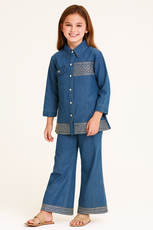 Cotton embroidery Denim Kurti Set 1102 Light Blue