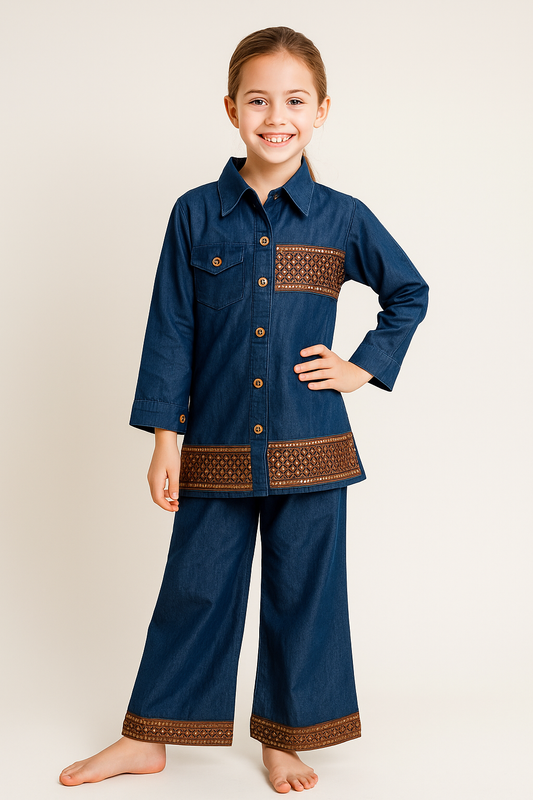 Cotton embroidery Denim Kurti Set 1103 Dark Blue