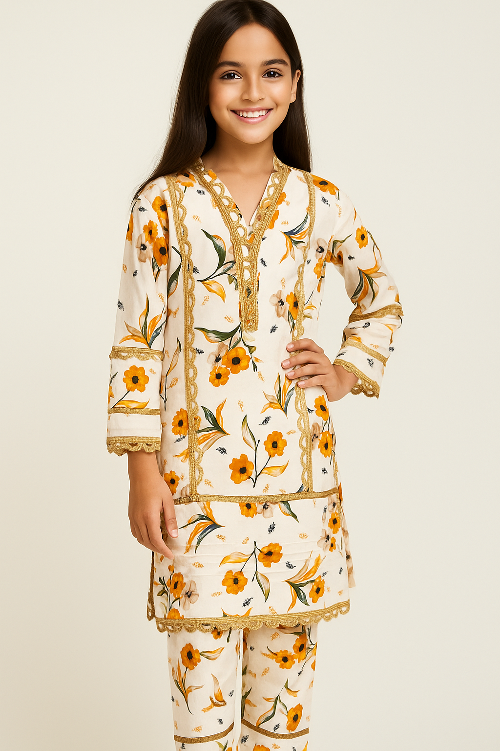 Cotton Printed Kurti Set 1107 Cream