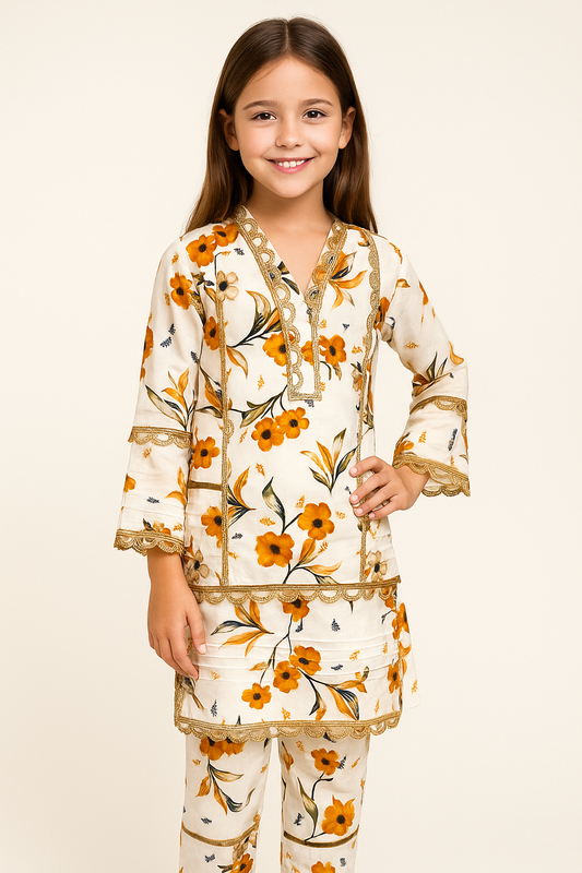 Cotton Printed Kurti Set 1107 Cream