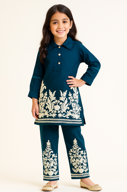 Cotton Embroidery Kurti Set 1105 Royal blue