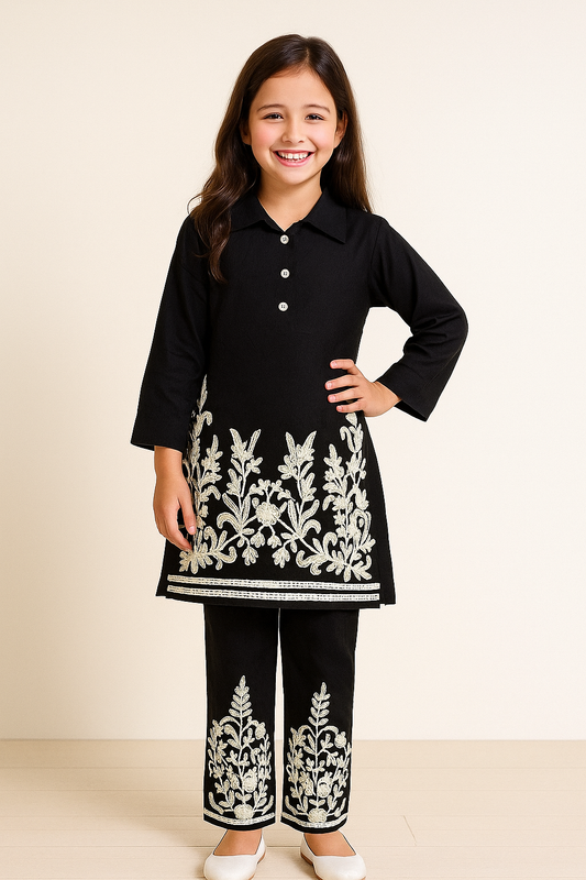 Cotton Embroidery Kurti Set 1106 Black