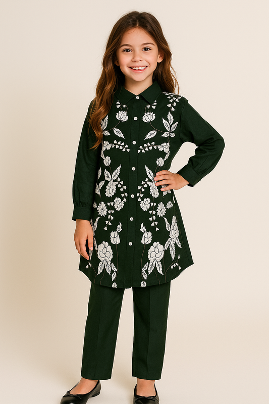 Cotton Embroidery Kurti Set 1109 Bottle Green