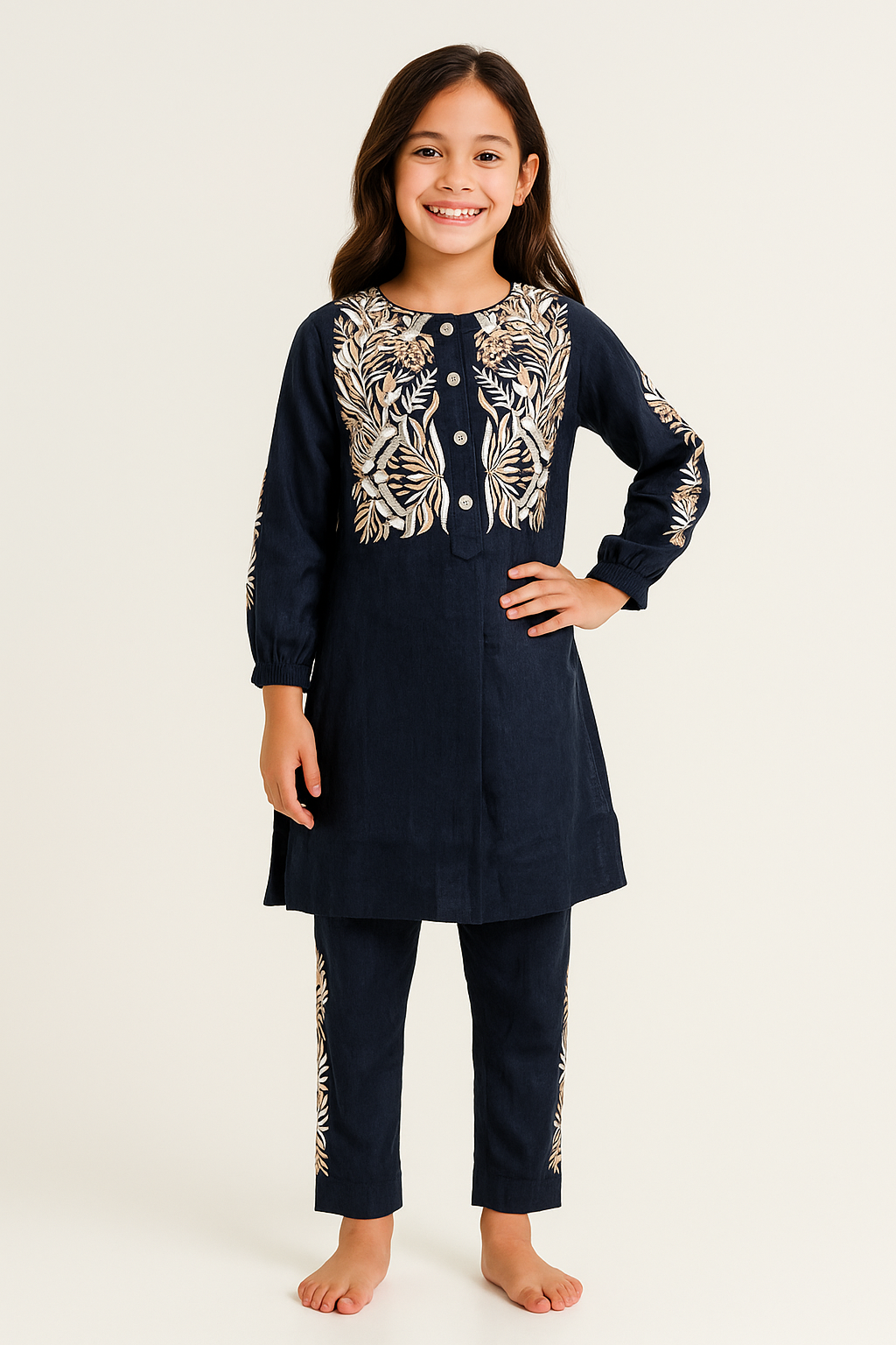 Cotton Embroidery Kurti Set 1116 Navy Blue