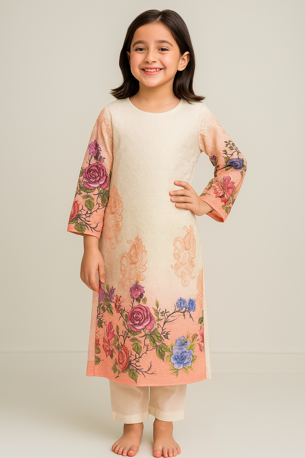Cotton Textured Fabric Printed Kurti Set 1115 Cream