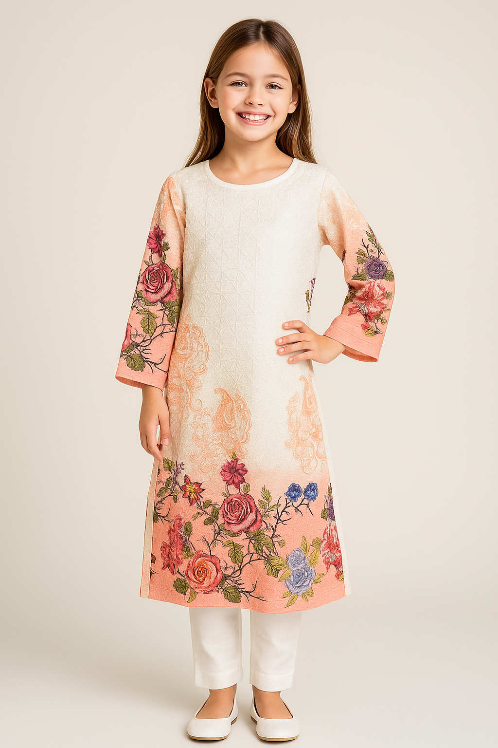 Cotton Textured Fabric Printed Kurti Set 1115 Cream