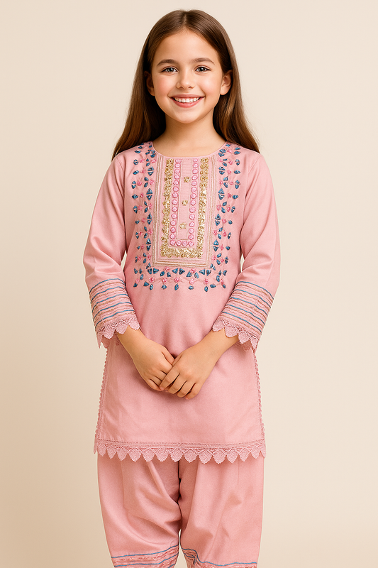 Cotton Embroidery Farshi Pants Kurti Set with dupatta 1119 Pink