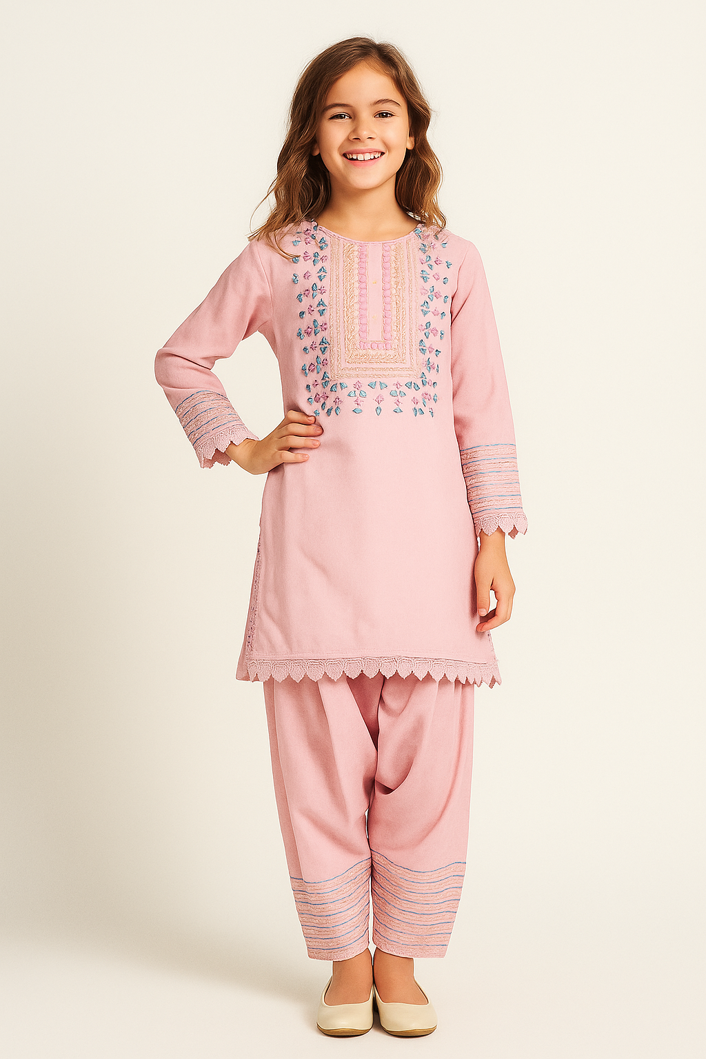 Cotton Embroidery Farshi Pants Kurti Set with dupatta 1119 Pink