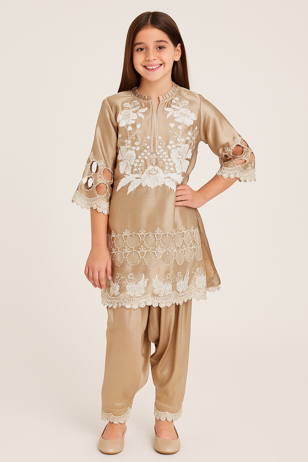 Satin Embroidery Farshi Set with dupatta 4679 Fone