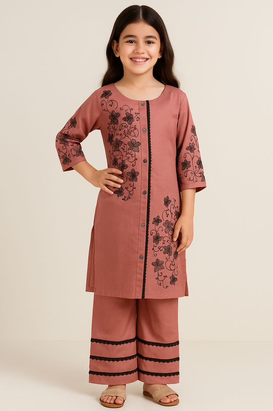 Cotton Embroidery Kurti Set 1123 Pink
